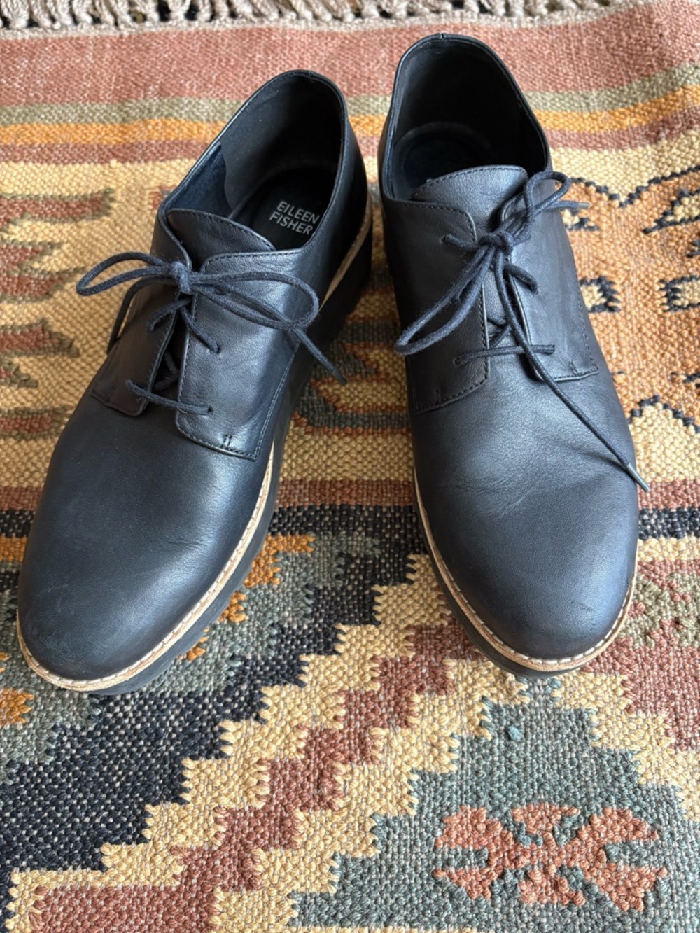 Eileen Fisher women’s Eddy Oxford Lace Up Platform Shoes Black Leather 9